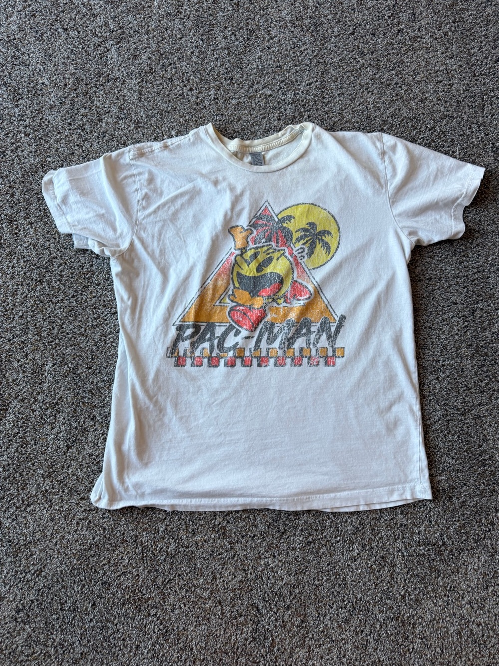 Pac-Man Tropical Graphic T Shirt Retro Arcade Gaming White Large Distressed